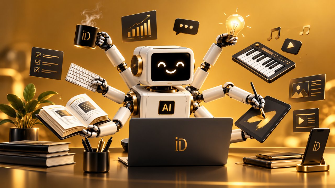 Gold-toned illustration of a friendly AI robot at a desk with many arms handling startup tasks at once: coffee, a checklist, typing, reading, a lightbulb idea, music, design on a tablet, and growth charts.