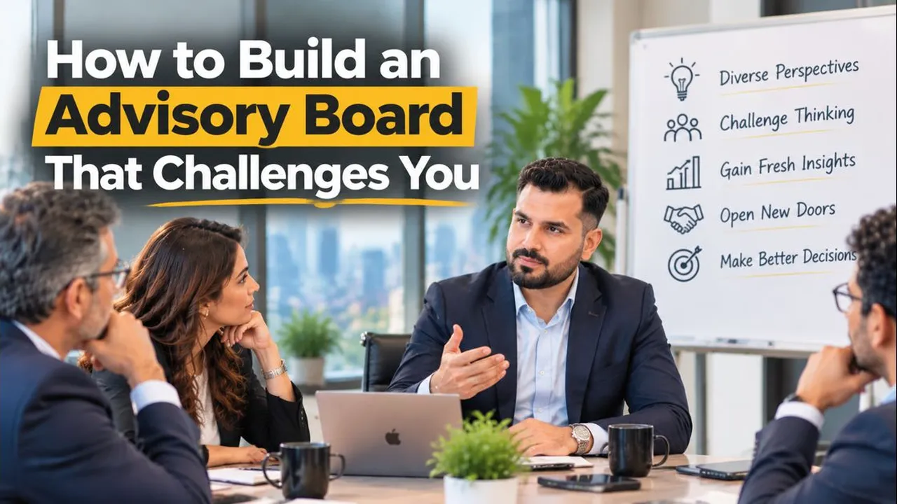 Founder leading an advisory board discussion at a conference table, with a whiteboard listing diverse perspectives and better decisions