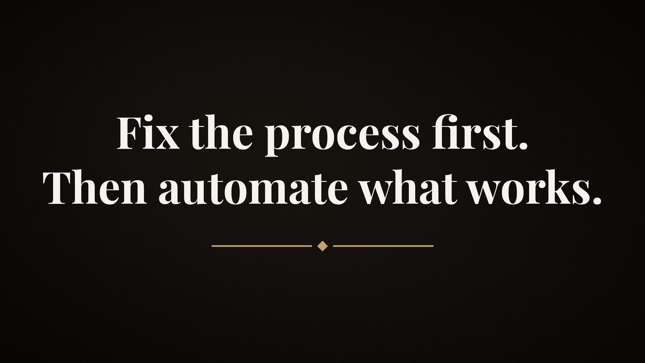 Black brand graphic with the words: Fix the process first. Then automate what works.