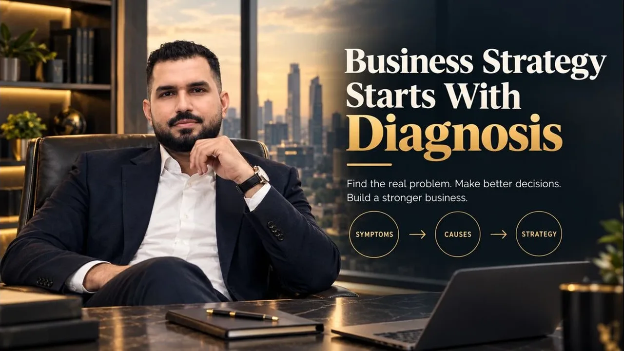 Innam Dustgir at his desk beside the headline Business Strategy Starts With Diagnosis, with the steps Symptoms, Causes and Strategy.
