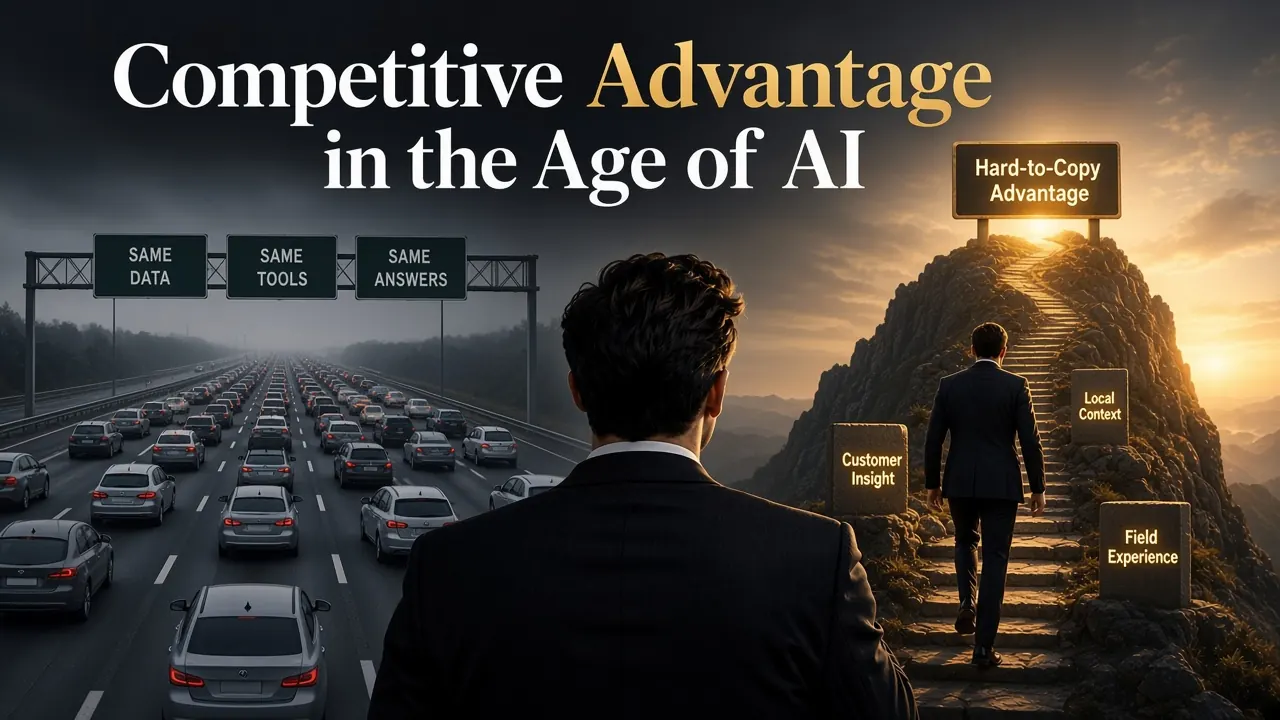 Article cover: on the left, a crowded highway of identical grey cars under overhead signs reading Same Data, Same Tools and Same Answers; on the right, a man in a dark suit, seen from behind, climbs a stone stairway up a sunlit mountain past markers reading Customer Insight, Local Context and Field Experience toward a summit sign reading Hard-to-Copy Advantage. Headline: Competitive Advantage in the Age of AI.