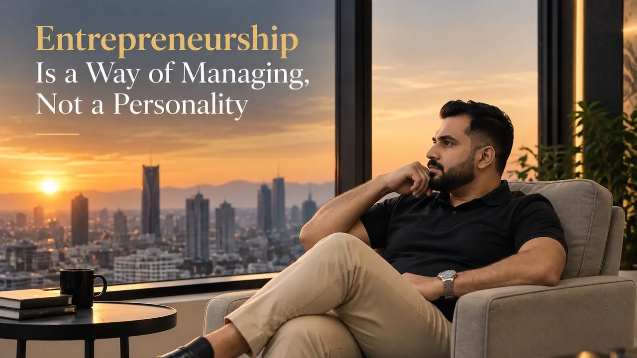 Innam Dustgir in a black polo seated in an armchair by a high-rise window at sunset, deep in thought, with the headline Entrepreneurship Is a Way of Managing, Not a Personality.