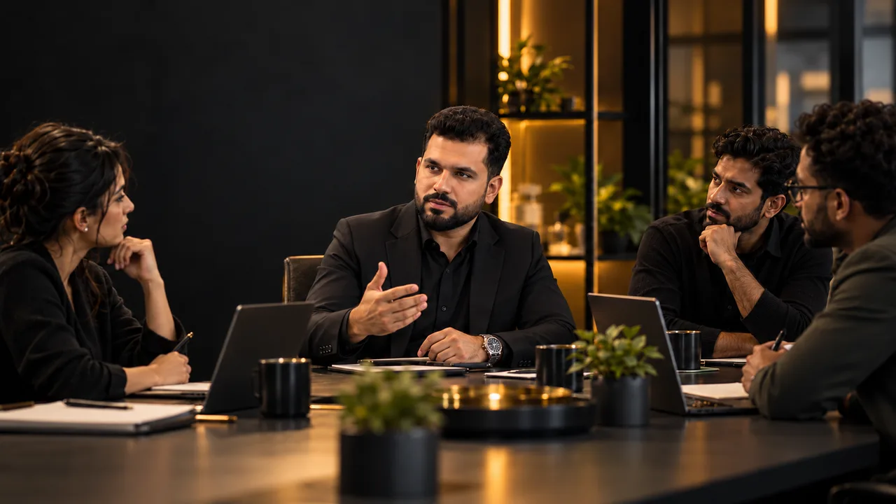 Innam Dustgir leading a team discussion around a conference table
