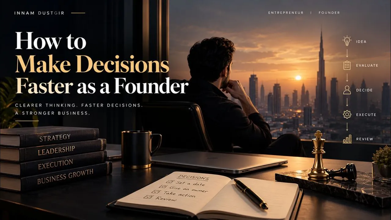How to make decisions faster as a founder: a founder at a desk looks out over a city skyline at sunset, with an open notebook listing decisions to set a date, give an owner, take action and review.