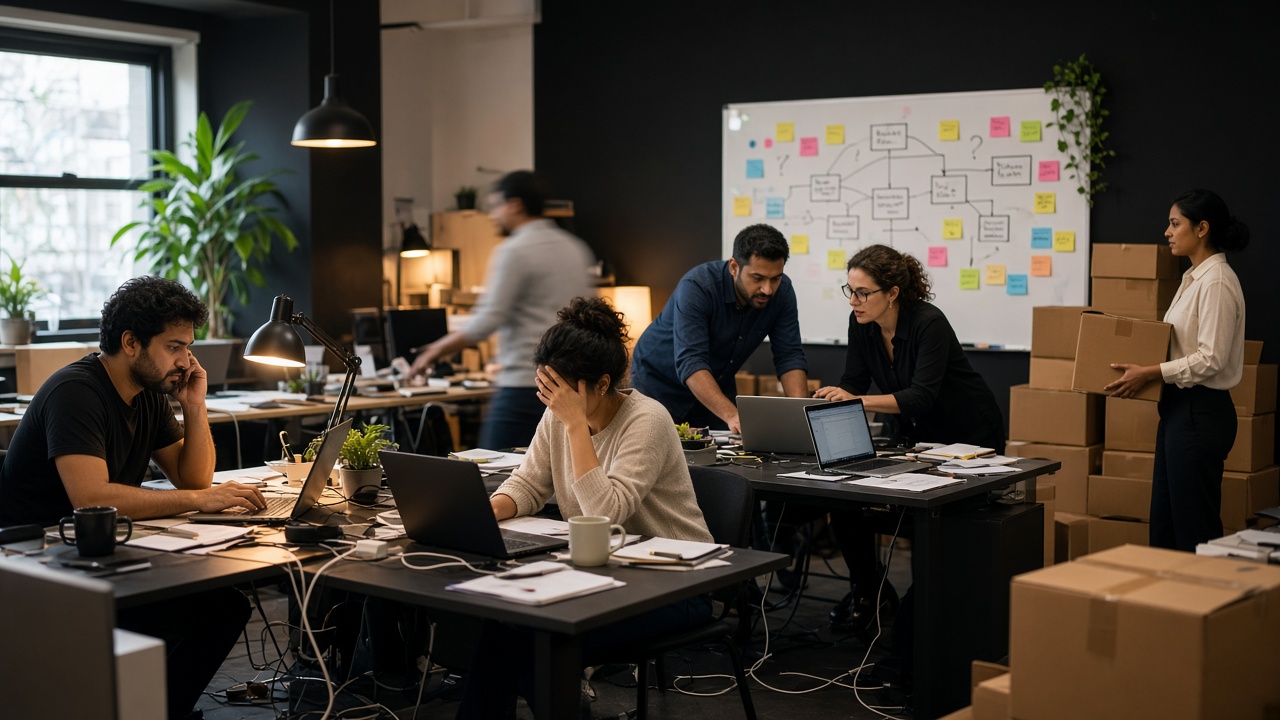 Candid photo of a crowded startup office that has outgrown its space: stacked moving boxes, a whiteboard full of sticky notes and an unclear org chart, and a small team visibly stretched by fast growth.