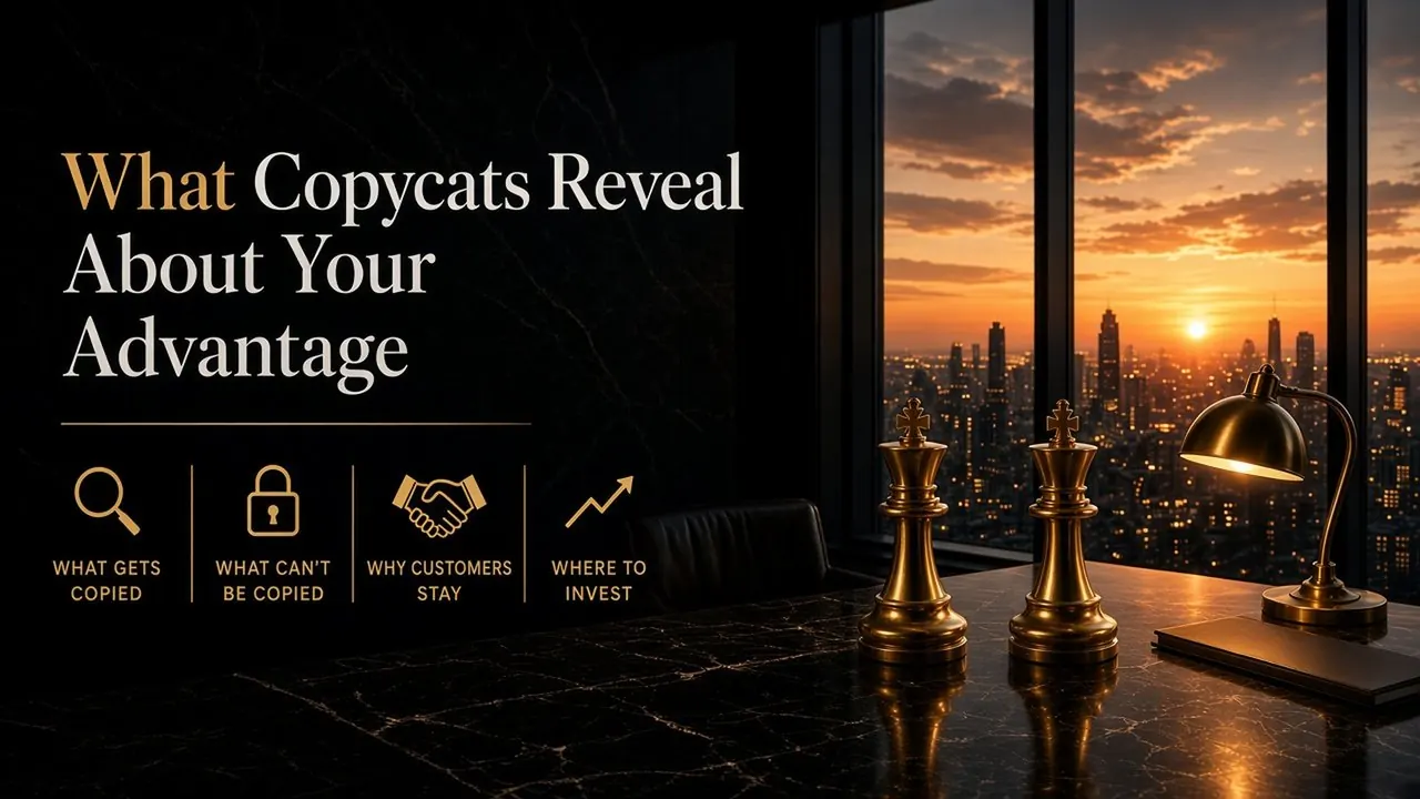 Article cover on a dark marble executive desk at sunset, with two identical gold chess kings facing each other beside a brass lamp and a city skyline through tall windows. Serif headline reads: What Copycats Reveal About Your Advantage. Four thin gold icons are captioned: What gets copied, What can't be copied, Why customers stay, Where to invest.
