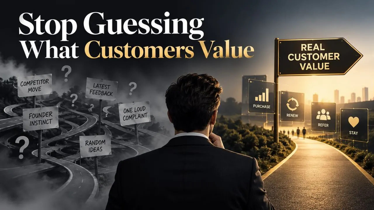 Article cover: a man in a dark suit, seen from behind, stands between foggy winding roads with signs reading Competitor move, Latest feedback, Founder instinct, One loud complaint and Random ideas, and a clear sunlit path with a sign reading Real Customer Value and signs for Purchase, Renew, Refer and Stay. Headline: Stop Guessing What Customers Value.